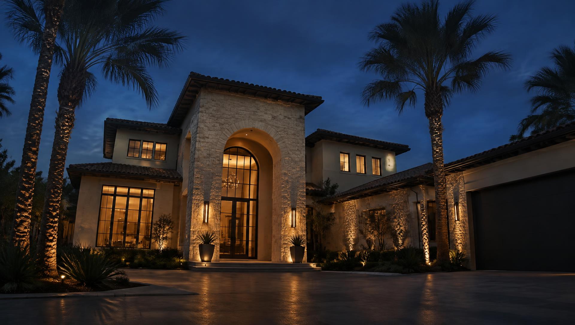 A stone and stucco Valley home glowing at dusk beneath tall palms